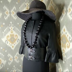 Ralph Lauren Black Label Jet Black Polished Linen Cropped Ruffle Sleeve Jacket